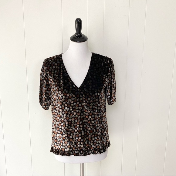 Madewell Velvet Flutter Tulip Sleeve Floral Ruffle V Neck Top Womens S Small - Picture 2 of 11